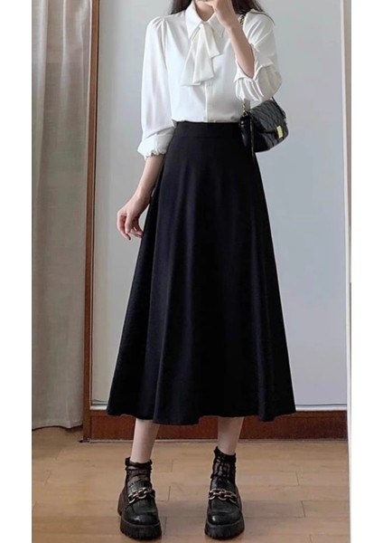 Kadın Scuba Krep Bel Lastikli Kiloş Etek Siyah