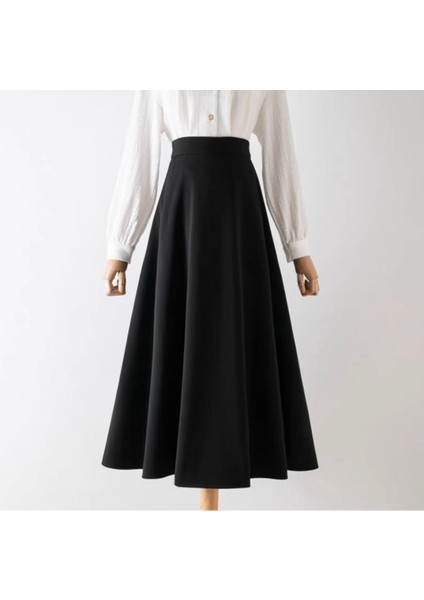 Kadın Scuba Krep Bel Lastikli Kiloş Etek Siyah