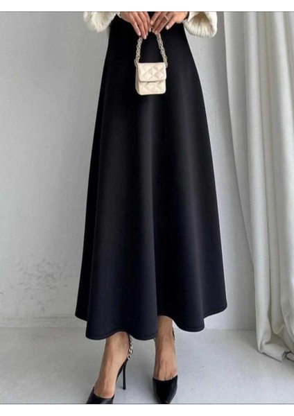 Kadın Scuba Krep Bel Lastikli Kiloş Etek Siyah