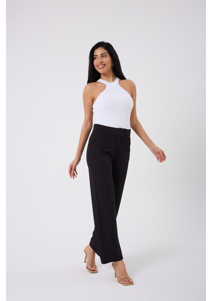 Kadın Likralı Cırt Kapama Siyah Palazzo Pantolon