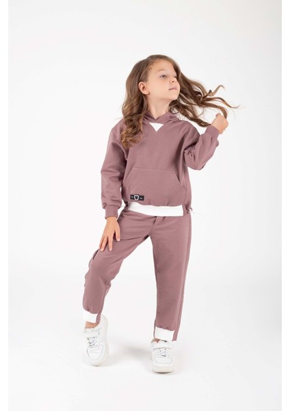 Kız Çocuk Kanguru Cepli Beli Lastik Detaylı Günlük Eşofman Takımı M00754