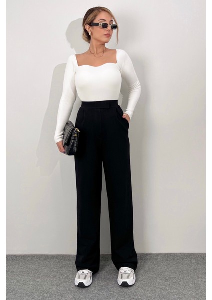 Line Kadın Likralı Cırt Kapama Siyah Palazzo Pantolon
