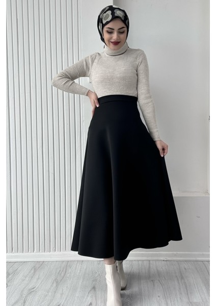Kadın Siyah Scuba Krep Tesettür Kloş Etek modelleri