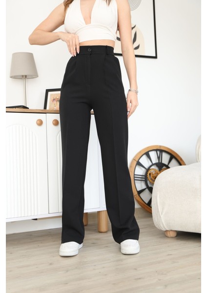 Kadın Siyah Yüksek Bel Kalıp Palazzo Pantolon