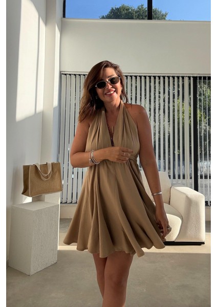 Camel Keten Kısa Elbise