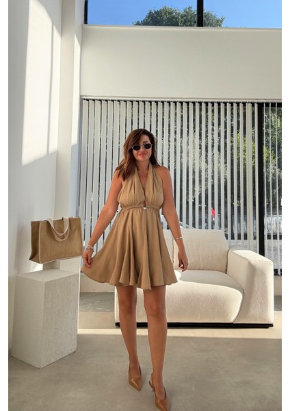 Camel Keten Kısa Elbise fiyatları