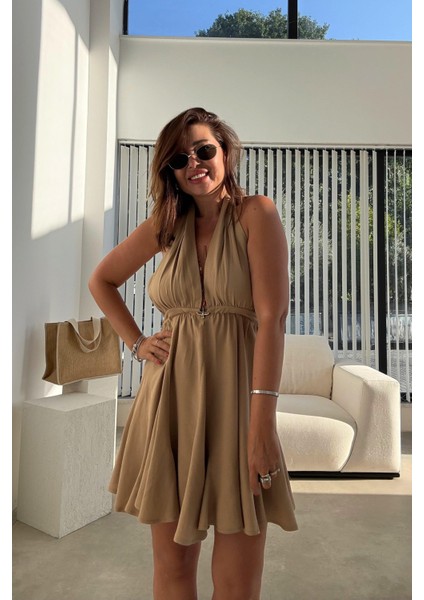 Camel Keten Kısa Elbise modelleri