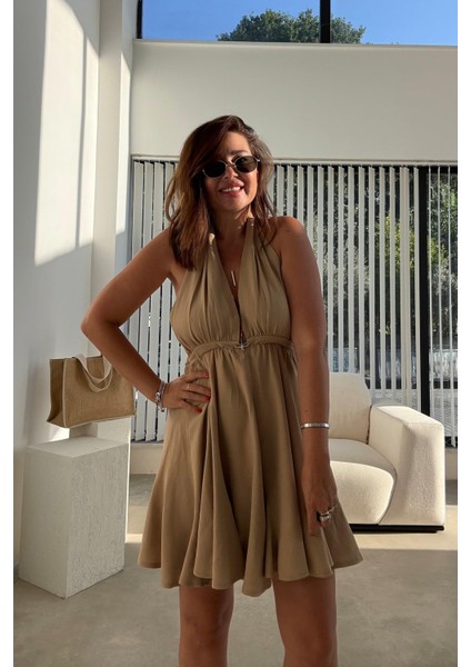 Camel Keten Kısa Elbise indirimleri