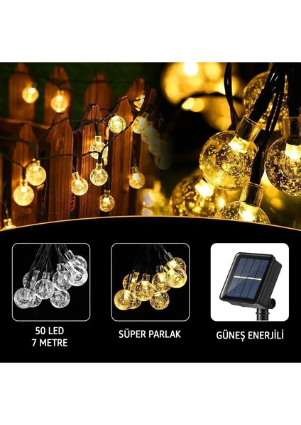 7 Metre 50 LED Güneş Enerjili Kristal Küre Solar Bahçe Aydınlatma Dış Mekan Aydınlatma Güneş Enerjili Aydınlatma – 8 Modlu, IP65 Su Geçirmez, Otomatik Aç/kapa, Bahçe, Balkon (Gün Işığı Sarı)