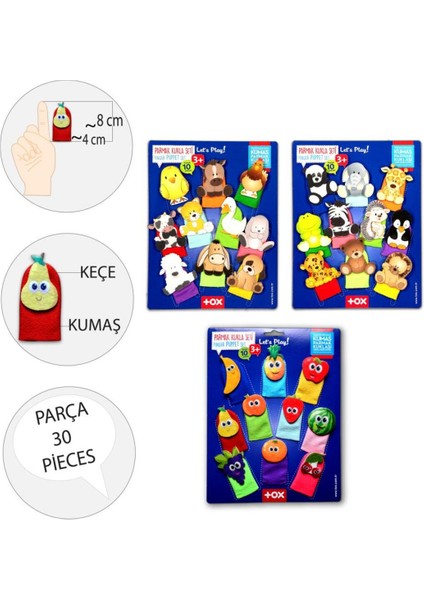 3'lü Set, 30 Parça Parmak Kukla, Evcil ve Vahşi Hayvanlar ile Meyve Figürleri modelleri