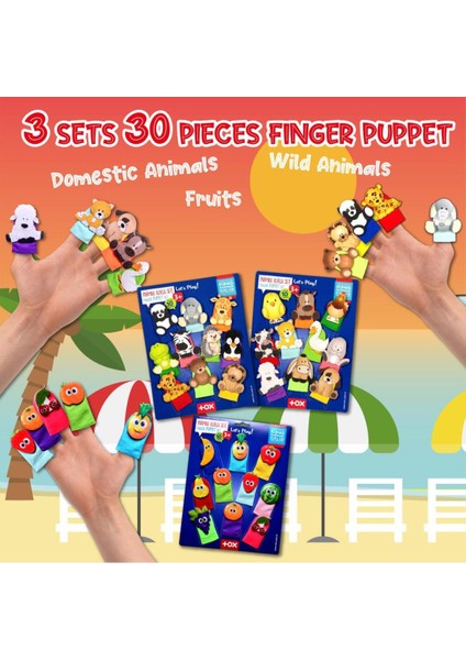 3'lü Set, 30 Parça Parmak Kukla, Evcil ve Vahşi Hayvanlar ile Meyve Figürleri