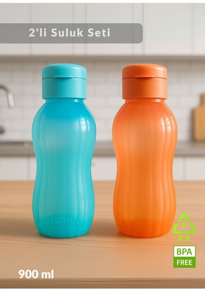 Suluk 2'li Set Su Şişesi Bpa Free Okul Suluğu Pp-5 Suluk Spor Okul Ofis Suluğu Mavi-Turuncu 900 ml