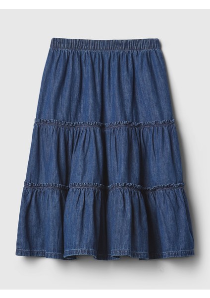 Kız Çocuk Koyu Mavi Kat Kat Denim Midi Etek fiyatları
