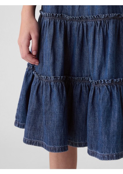 Kız Çocuk Koyu Mavi Kat Kat Denim Midi Etek modelleri