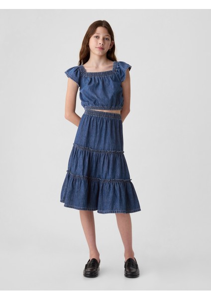 Kız Çocuk Koyu Mavi Kat Kat Denim Midi Etek fırsatları