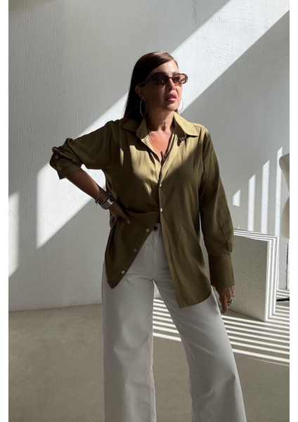 Yağ Yeşili Saten Gömlek modelleri
