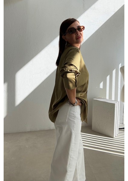 Yağ Yeşili Saten Gömlek indirimleri