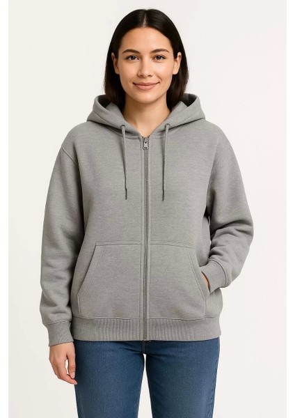 Kadın Üç Iplik Kapüşonlu Tam Fermuarlı Kanguru Çepli Sweatshirt Hoodie - Gri