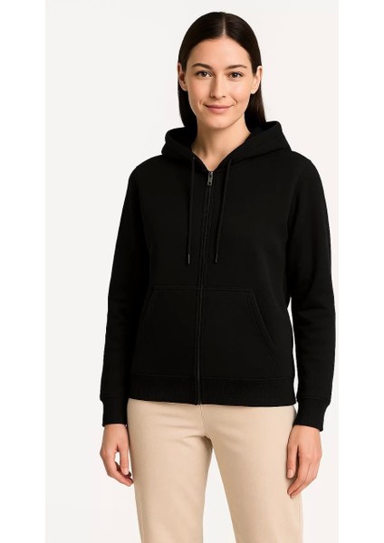 Kadın Üç Iplik Kapüşonlu Tam Fermuarlı Kanguru Çepli Sweatshirt Hoodie - Siyah indirimleri