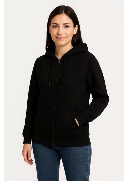 Kadın Üç Iplik Kapüşonlu Tam Fermuarlı Kanguru Çepli Sweatshirt Hoodie - Siyah
