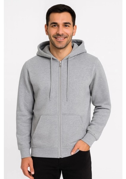 Erkek Üç Iplik Kapüşonlu Tam Fermuarlı Kanguru Çepli Sweatshirt Hoodie - Gri