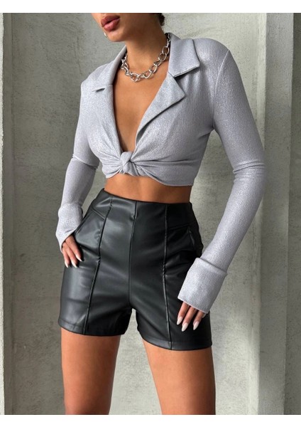 Parçalı Cepli Deri Şort Siyah W26312 indirimleri