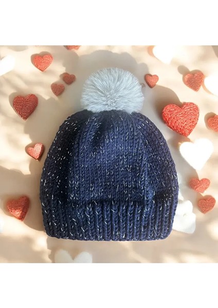 Gümüş Simli Lacivert Bere, El Örgüsü Yün Bere