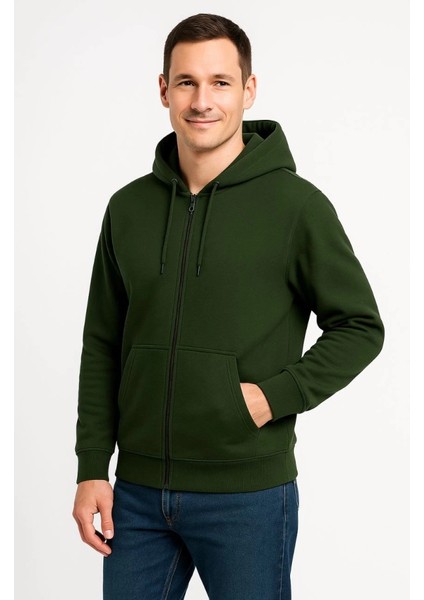 Erkek Üç Iplik Kapüşonlu Tam Fermuarlı Kanguru Çepli Sweatshirt Hoodie - Haki