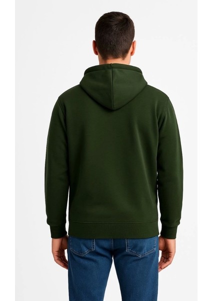 Erkek Üç Iplik Kapüşonlu Tam Fermuarlı Kanguru Çepli Sweatshirt Hoodie - Haki fiyatları