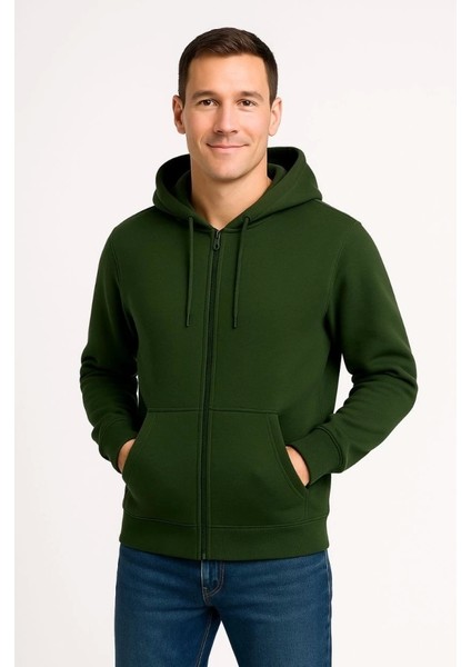 Erkek Üç Iplik Kapüşonlu Tam Fermuarlı Kanguru Çepli Sweatshirt Hoodie - Haki modelleri