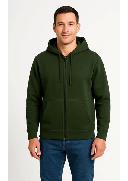 Erkek Üç Iplik Kapüşonlu Tam Fermuarlı Kanguru Çepli Sweatshirt Hoodie - Haki fırsatları