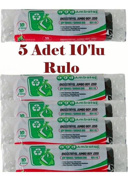 Endüstriyel Jumbo Boy Çöp Torbası – 80X110 Cm, 5 Paket (Toplam 50 Adet), Siyah, Dayanıklı, Sızdırmaz