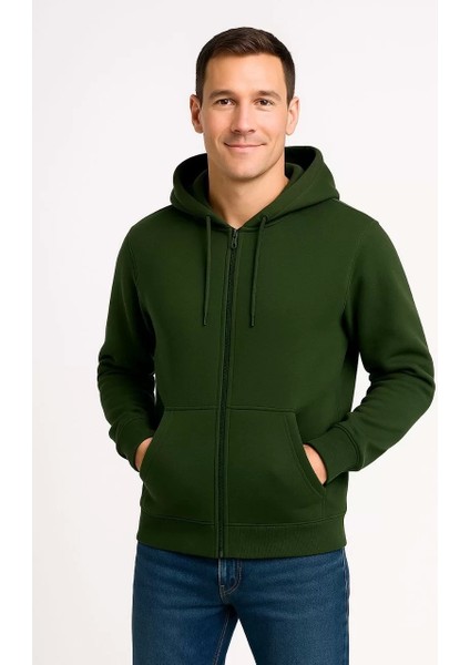 Erkek Üç Iplik Kapüşonlu Tam Fermuarlı Kanguru Çepli Sweatshirt Hoodie - Haki modelleri
