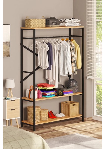 Alkor 180X120X35 Metal Masif Ahşap Desenli Yonga Levha Açık Giyinme Dolap Portmanto Askılık