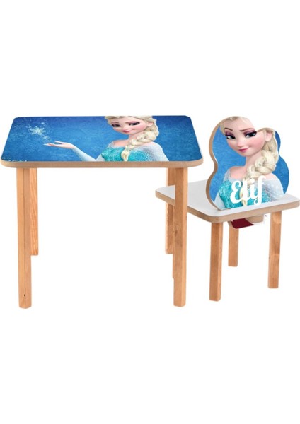 Elsa Isme Özel Çocuk Masa ve 1 Sandalye Takımı Aktivite Masası Mobilya Çalışma Ahşap Oyuncak