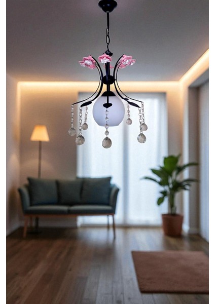 Mahru Tekli Avize Siyah – Çiçek Detaylı Kristal Taşlı Modern Sarkıt Avize
