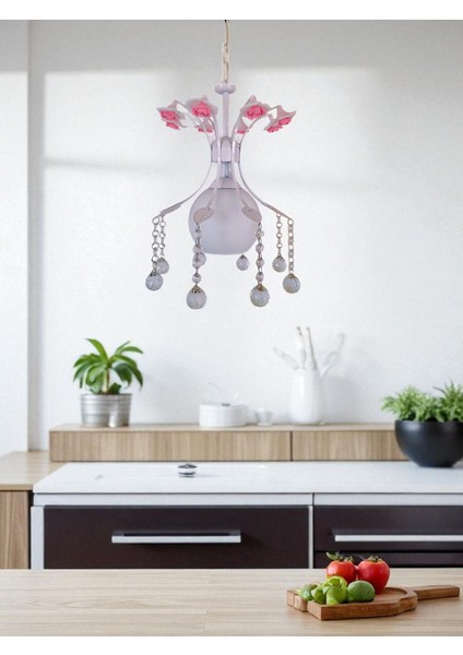 Mahru Tekli Avize Beyaz – Çiçek Detaylı Kristal Taşlı Modern Sarkıt Avize