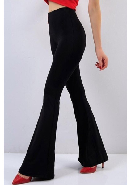 Kadın Siyah Likralı Ispanyol Paça Pantolon
