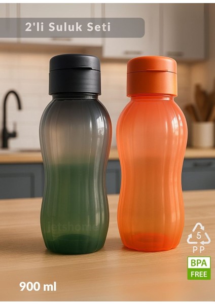Suluk 2'li Set Su Şişesi Bpa Free Okul Suluğu Pp-5 Suluk Spor Okul Ofis Suluğu Siyah-Turuncu 900 ml