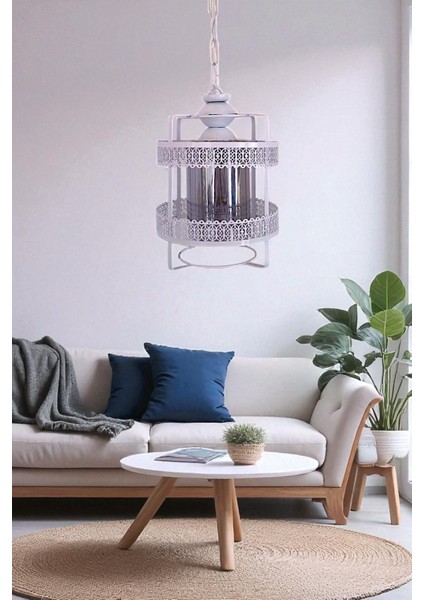 Mücevher Tekli Avize Beyaz – Dekoratif Metal Gövde Sarkıt Avize