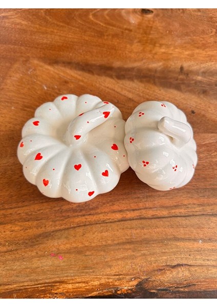 Orta ve Küçük Boy Dekoratif Kabak Set, Kalpli, Kırmızılı, El Yapımı, Mutfak Dekoru, Seramik Kabak