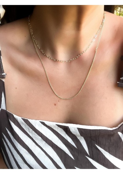 Gold Kalp Zincir Detaylı Ikili Kolye