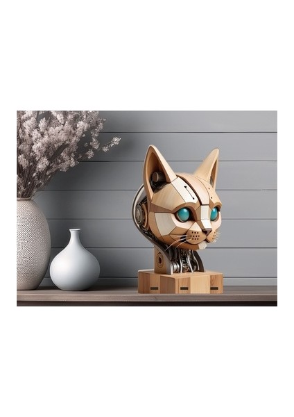 3D Ayaklı Ahşap Robot Kedi Fotoğraf Baskı