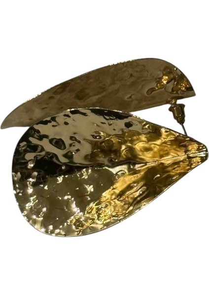 Çelik Küpe El Işçiliği Dokulu Altın Rengi Yaprak Tasarımlı Büyük Form Modern Aksesuar takı Parlak Yüzey Şık indirimleri