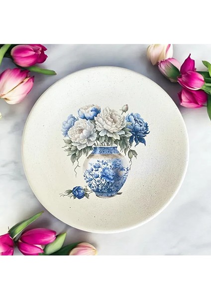 Mavi Beyaz, Çiçek Desenli Duvar Tabağı, Dekoratif Duvar Tabağı 18 cm