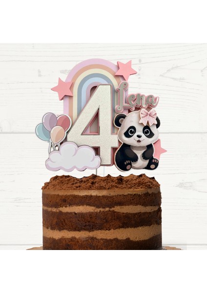 Panda Temalı Kız Çocuk Doğum Günü Isme Özel 3D Pasta Parti Süsü Cake Topper (21X19 Cm)