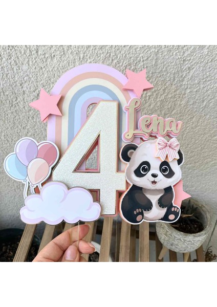 Panda Temalı Kız Çocuk Doğum Günü Isme Özel 3D Pasta Parti Süsü Cake Topper (21X19 Cm) modelleri
