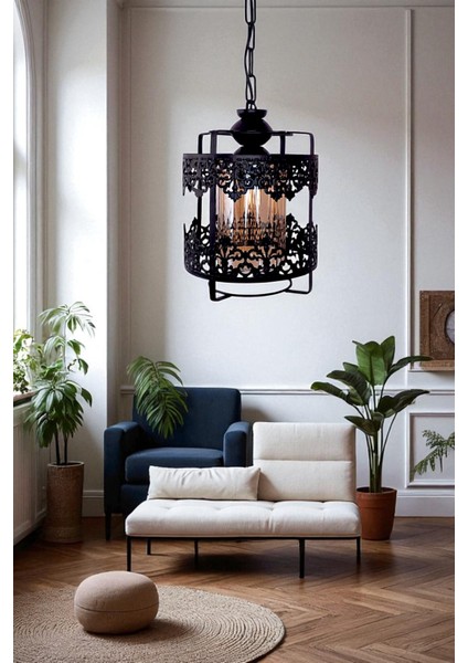 Taç Tekli Avize Siyah – Dekoratif Metal Gövde ve Cam Detaylı Modern Sarkıt