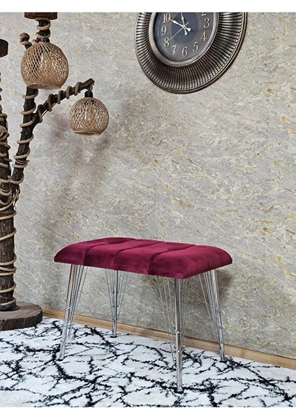 Metal Krom Tel Ayaklı 60 cm Puf Bench - Puf - Bench - Oturak - Mutfak Oturağı - Antre Oturağı Bordo Renk 60 x 40 Boyut/ebat