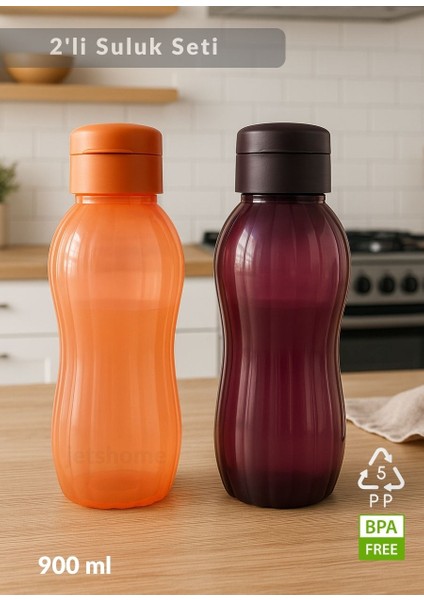 Suluk 2'li Set Su Şişesi Bpa Free Okul Suluğu Pp-5 Suluk Spor Okul Ofis Suluğu Mürdüm-Turuncu 900 ml